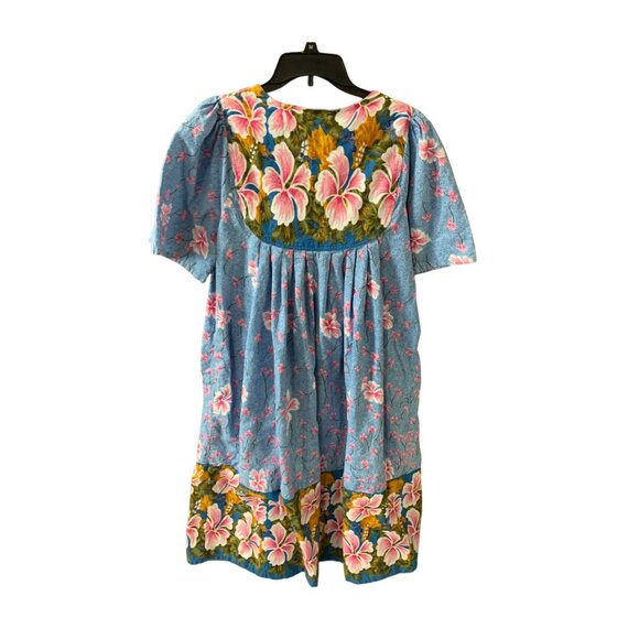 Phases Womens Size Large Smocked Dress Mixed Prints Blue Short Sleeve Kaftan Mid - Picture 4 of 4